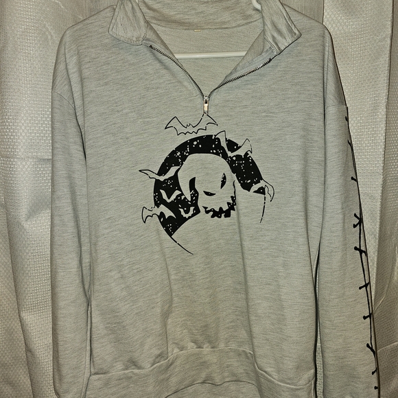 Sweaters - Women's Light Gray Quarter-Zip Pullover Shirt with Nightmare Before Ch Graphic